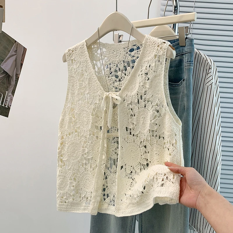 Crochet Top Boho - Tie Front Crochet Cardigan Floral Embroidered