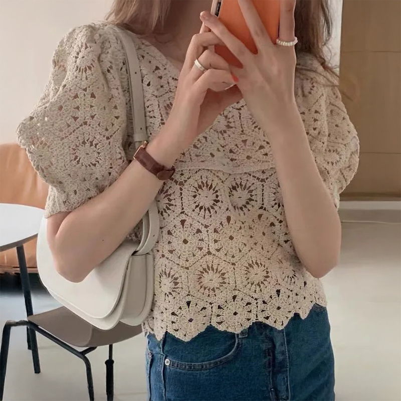 Crochet Top Boho - Crochet Lace Top Puff Sleeve Hollow-out