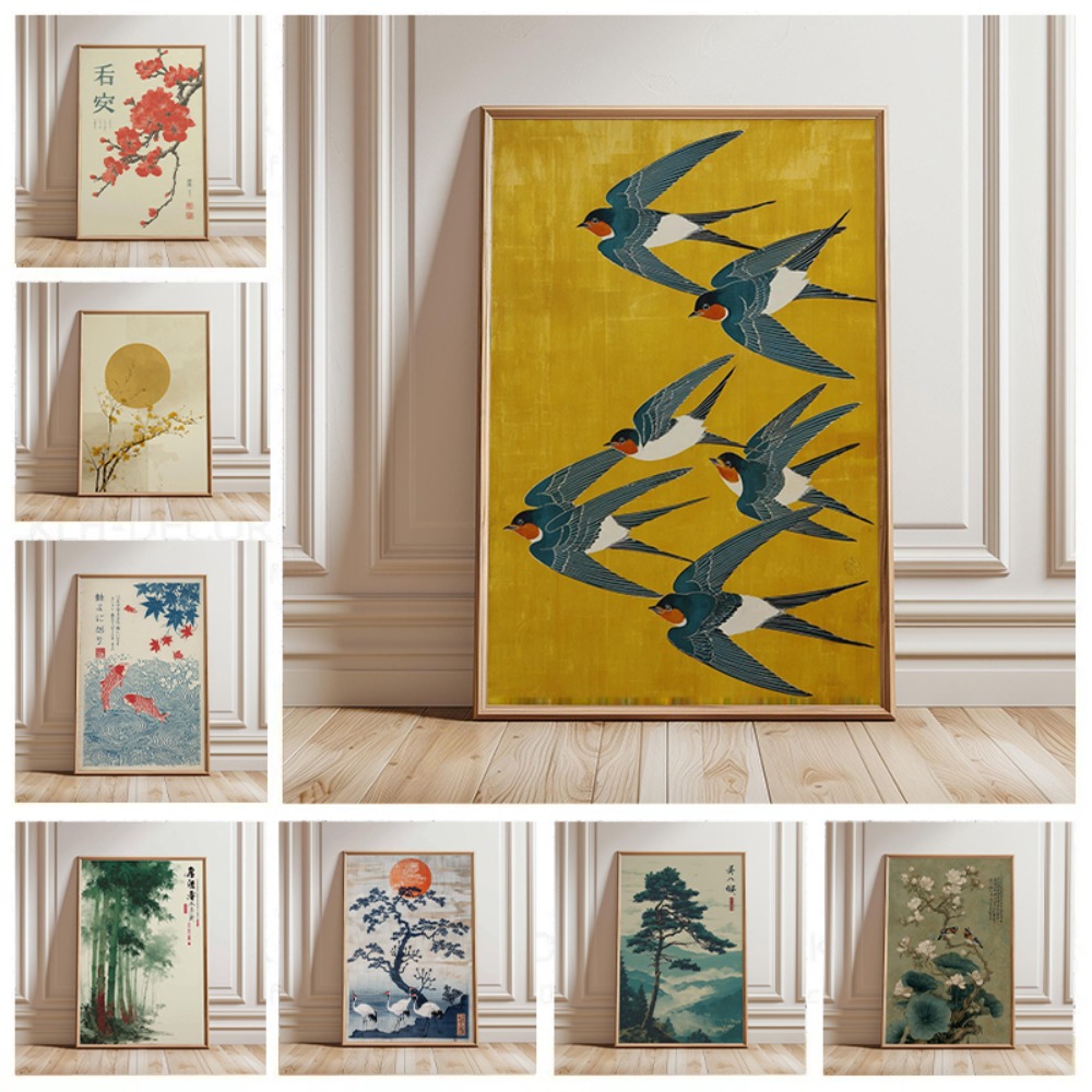 Vintage Fashion Wall Art - Japanese Crane Poster,Vintage Ukiyo-e Wall Art,Red