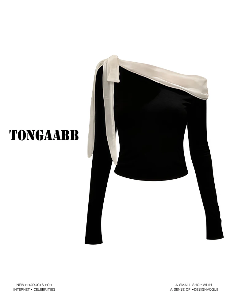 Women's Black Slash Neck T-shi - Retro Vintage Korean Fashion recension och pris