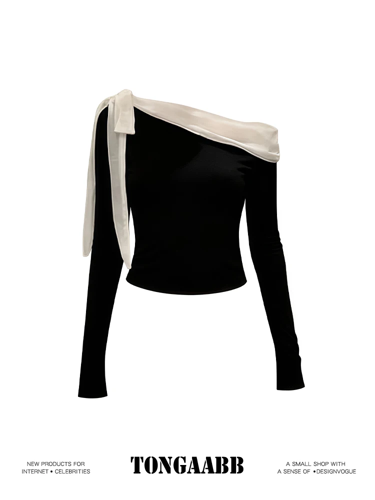 Women's Black Slash Neck T-shi - Retro Vintage Korean Fashion recension och pris