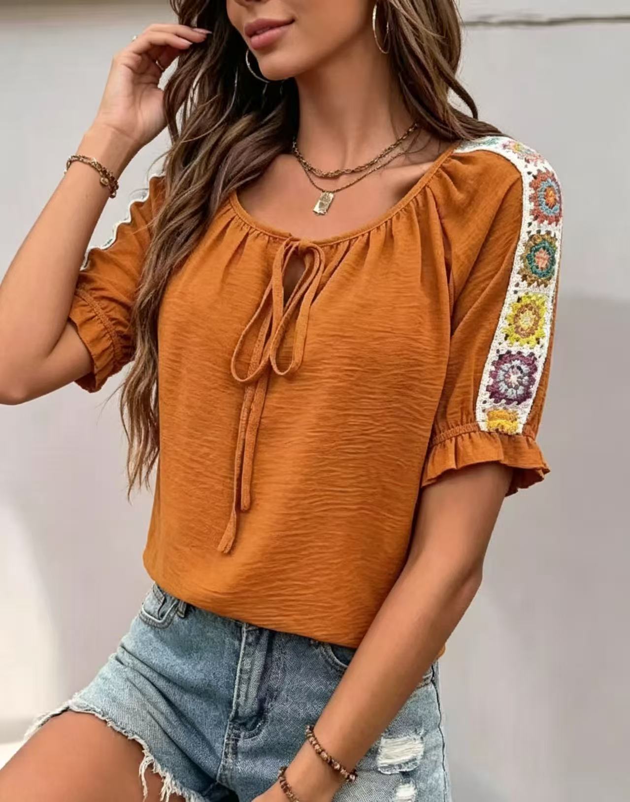Boho Women's Blouse Tie Front  - Crochet Top Boho recension och pris